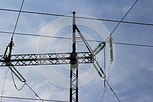 Insulators and wires on a high voltage power line pylon