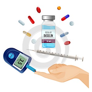 Insulin bottle, pills for diabetes and device for sugar