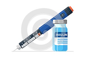 Insulin injection pen and vial. Hormone ampoule inside syringe and medicine bottle. Diabetes control injector. Device