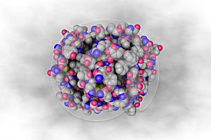 Insulin, monoclinic crystal form. Space-filling molecular model. Rendering based on protein data bank. 3d illustration