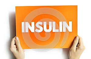 Insulin is a peptide hormone produced by beta cells of the pancreatic islets encoded in humans by the INS gene, text concept on