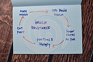 Insulin Resistance write on a book with keywords isolated wooden table
