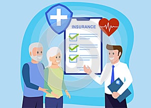 Insurance agent explain package senior couple to protect from life health accident. Health and life insurance policy, healthcare