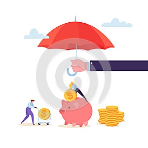 Insurance Agent Holding Umbrella Over Money. Financial Protection Concept with Character Woman Collecting Golden Coins