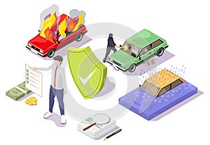 Insurance agent, protection shield against car damages, vector isometric illustration. Car insurance policy, coverage.