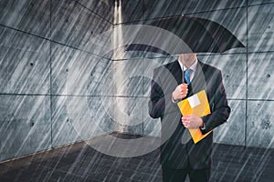 Insurance Agent with Umbrella in Urban Setting