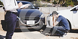 Insurance agents inspect for damage to cars that collide on the road to claim compensation from driving accidents