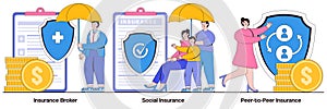 Insurance broker, social insurance, peer-to-peer insurance concept with tiny people. Risk insurance vector illustration set.
