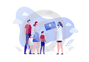 Insurance business. Family health and life policy concept. Vector flat person illustration. Parents with kids and female doctor on