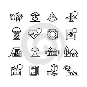 Insurance cases and natural disasters line icons. Property, life and health safety outline symbols