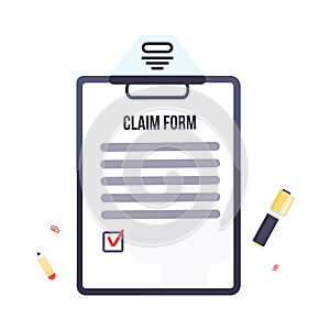 Insurance claim form with clipboard. Vector business illustration flat design.