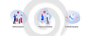 Insurance color icon collection. Life and pregnancy concept. Vector flat Illustration set. Family with child, pregnant woman and