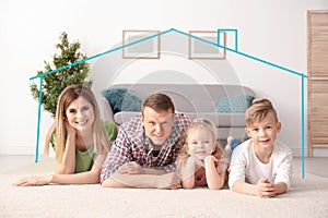 Insurance concept. Contour of house around happy family