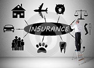 Insurance concept drawn by a man on a ladder