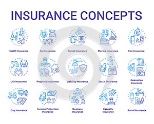 Insurance concept icons set. Protection from financial loss. Liability plan. Risk management idea thin line RGB color
