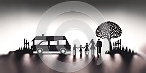 Insurance concept with silhouettes of paper family holding hands and house and car