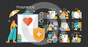 Insurance dark or night mode set. Security and protection of life and property