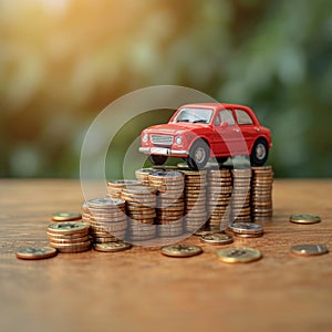 Insurance focus Money stack, piggy bank, auto model illustrate protection