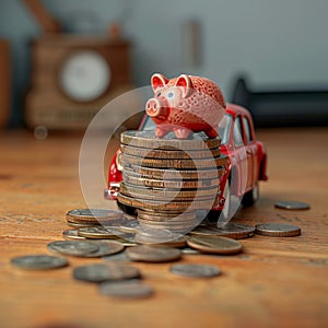 Insurance focus Money stack, piggy bank, auto model illustrate protection