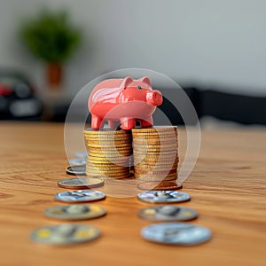 Insurance focus Money stack, piggy bank, auto model illustrate protection