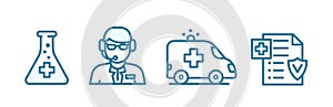 Insurance health care icon set. Online doctor. Ambulance. Medication. Insurance document. Outline contour blue line.