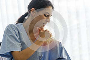 Insurance and health care sickness concept. Unhappy patient young woman holding hand on own pain shoulder or office syndrome or