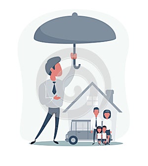 Insurance Home House Life Car. Concept of insurance with umbrella over a house, a car and a family