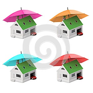 Insurance home, house, life, car protection. Buying house and car for family icon. Protect people Concepts. 3D illustration. Icon