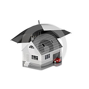 Insurance home, house, life, car protection. Buying house and car for family icon. Protect people. Concepts. 3D illustration. Icon