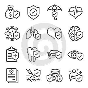 Insurance icon illustration vector set. Contains such icons as an Insurance policy, Dental, Health, Protection, eye, tooth, car, b