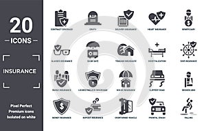 insurance icon set. include creative elements as contract coverage, beneficiary, hospitalization, house insurance, deposit