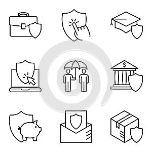 Insurance icon set. Protection of health, life and property. Outline icons collection