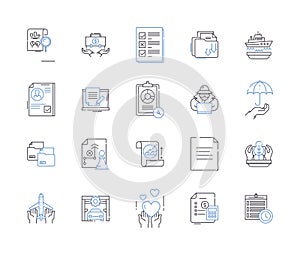 Insurance and laegal outline icons collection. Insurance, Legal, Coverage, Claims, Liability, Risk, Compliance vector