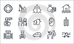 insurance line icons. linear set. quality vector line set such as accident, vehicles, hospital facility, robbery, healthy care,