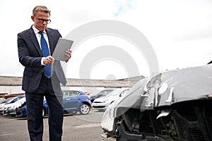 Insurance Loss Adjuster Taking Picture With Digital Tablet Of Damage To Car From Motor Accident