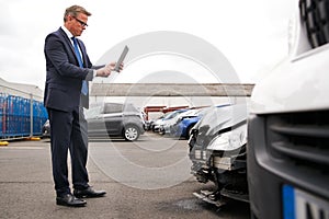 Insurance Loss Adjuster Taking Picture With Digital Tablet Of Damage To Car From Motor Accident