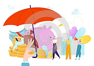 Insurance money protection with umbrella, currency finance investment concept vector illustration. Cash coin deposit