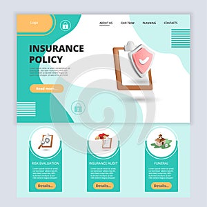 Insurance policy flat landing page website template. Risk evaluation, insurance audit, funeral. Web banner with header