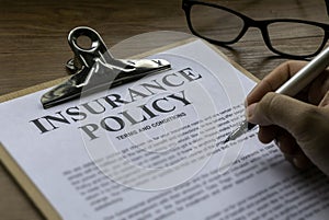 Insurance policy form. Risk concept for health, life, travel and car