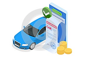 Insurance policy. Isometric Car Insurance services. Auto insurance policy with cash and key fob. Protection from danger