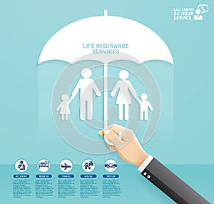 Insurance policy services conceptual design. Hand holding umbrella to protect family paper cut style.