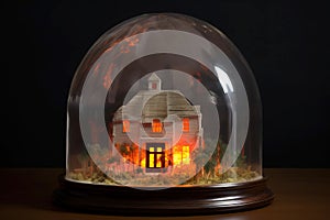 Insurance of private home, concept of life and property safety. Burning housing under dome.