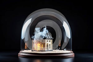 Insurance of private home, concept of life and property safety. Burning housing under dome.