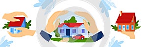 Insurance property vector illustration, cartoon flat businessman hands shield and protect family house real estate