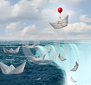 Insurance protection and risk aversion security symbol as paper boats in peril with one saved by a balloon as a coverage assurance