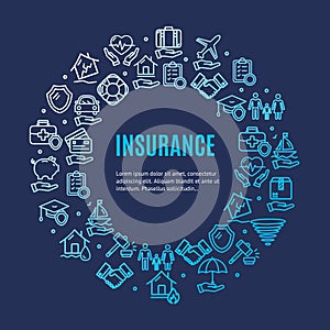 Insurance Round Design Template Line Icon Concept. Vector