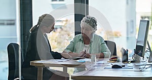 Insurance, senior and woman sign a contract for retirement or planning financial service with a consultant in an agency