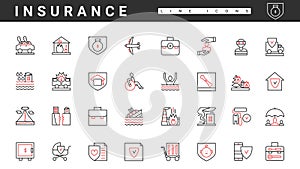 Insurance service to protect health, life and property thin red and black line icons set