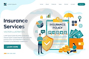 Insurance Services Concept. Car, travel, family and life, real estate, health insurance. Colourful flat style vector illustration