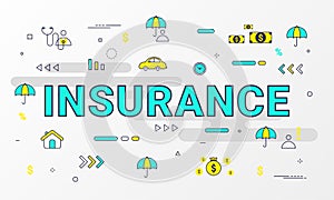 Insurance Services infographic. Flat line style icons concept such as House, Property, Health, Life, Income, Auto and car.